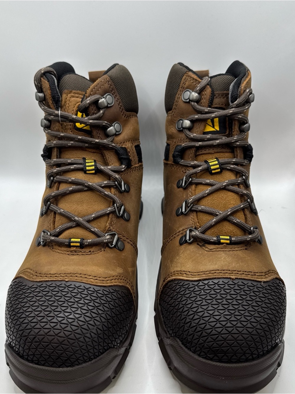 Caterpillar Brown Work Boots with Black Toe and Yellow Accents